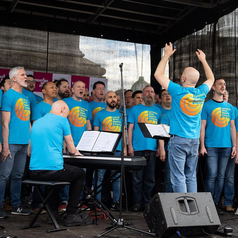 The London Gay Men's Chorus performing at the Terrence Higgins Trust fighting HIV stigma rally in Trafalgar Square