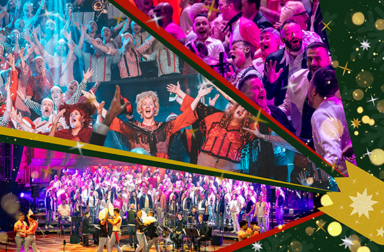 Christmas Cracker 2026 Collage image of the London Gay Men's Chorus performing different shows