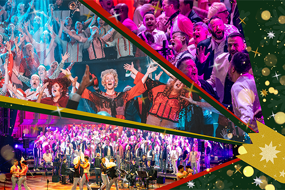 Christmas Cracker 2026 Collage image of the London Gay Men's Chorus performing different shows